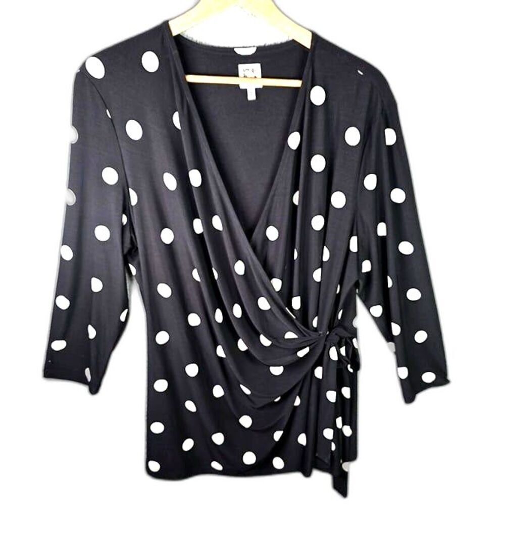 Anne Klein Faux Wrap Top Black White Polka Dot XXL Stretch Knit 3/4 Sleeve